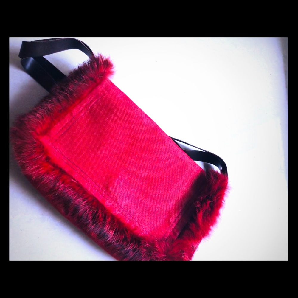 PAOLA FRANI red fur jean purse leather straps New